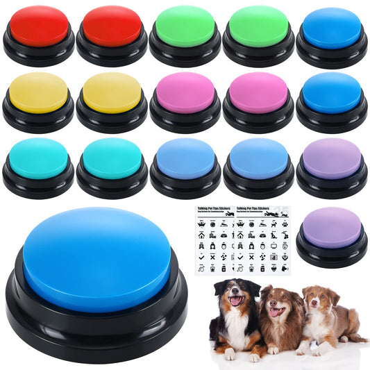 Jerify 16 Pieces Dog Buttons for Communication Voice Recordable Cat Dog Talking Buzzers Set with Stickers 30 Seconds Pet Speech Training Buttons for Pet Dog Cat Training Interactivity 8 Colors