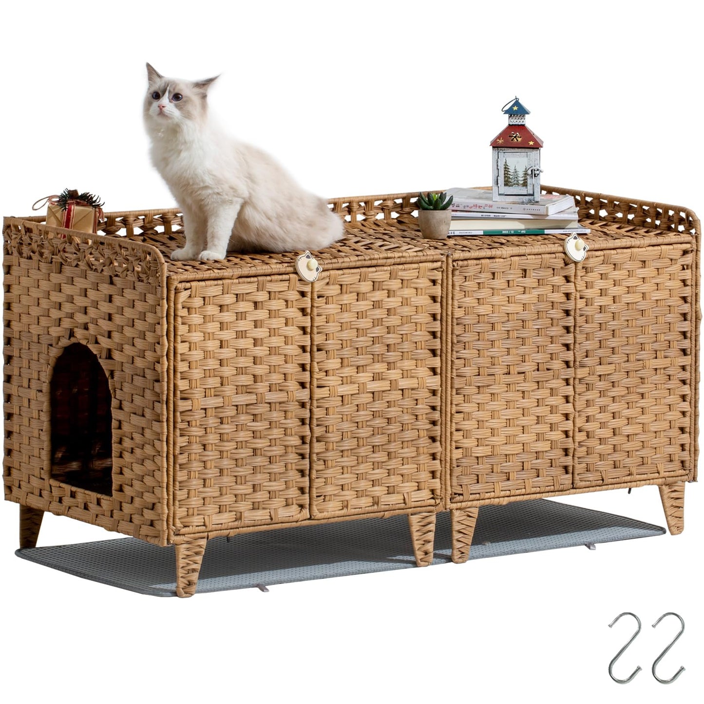 SETVSON Cat Litter Box Enclosure for 2 Cats Double Cat Litter Box Enclosure with Cat Litter Mat Large Hidden Kitty Litter Furniture with Double Room Handwoven Rattan Cat House with Door Natural