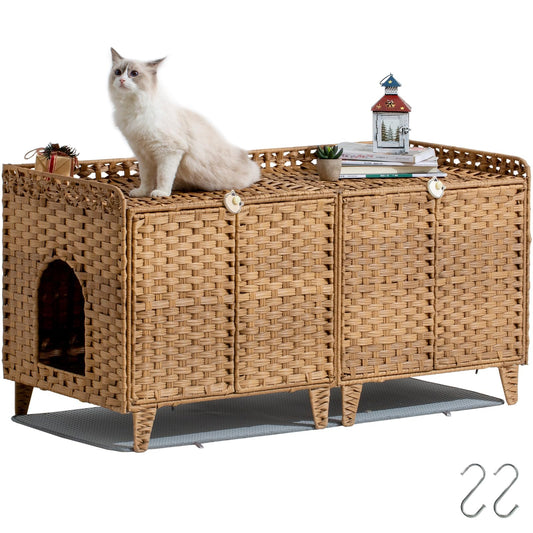 SETVSON Cat Litter Box Enclosure for 2 Cats Double Cat Litter Box Enclosure with Cat Litter Mat Large Hidden Kitty Litter Furniture with Double Room Handwoven Rattan Cat House with Door Natural