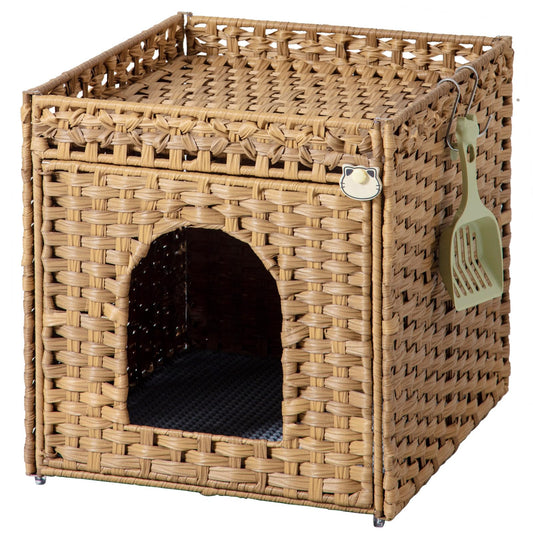 SETVSON Cat Litter Box Enclosure Cat Litter Box Furniture Hidden with Cat Litter Mat Cat Litter Box Furniture with Two S-Shaped Hooks Handwoven Rattan Cat House for Living Room Bedroom (Natural